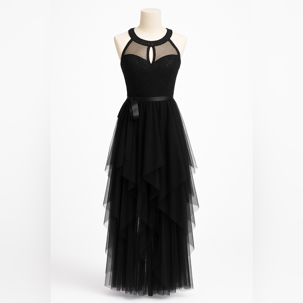Elegant Black Halter Formal Sheer Illusion Dress layered tulle prom bow sequin